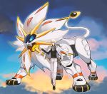  1boy black_gloves blonde_hair blue_eyes clouds cloudy_sky crossover gloves higekiri_(touken_ranbu) highres jacket_on_shoulders legendary_pokemon lion looking_to_the_side male_focus military military_uniform obo pokemon pokemon_(creature) pokemon_(game) pokemon_sm signature sky smile solgaleo touken_ranbu uniform yellow_eyes 