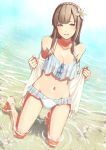  1girl bikini blush braid breasts brown_eyes brown_hair cleavage crown_braid dutch_angle flower frilled_bikini frills hair_flower hair_ornament idolmaster idolmaster_cinderella_girls kneeling loky long_hair looking_at_viewer mizumoto_yukari navel oocean shore smile solo swimsuit 