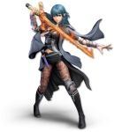  1girl 3d aqua_hair artist_request bangs black_cape black_footwear black_shorts blue_eyes boots breasts brown_legwear byleth_(fire_emblem) byleth_eisner_(female) cape closed_mouth dagger female_my_unit_(fire_emblem:_three_houses) fire fire_emblem fire_emblem:_three_houses fire_emblem:_three_houses fire_emblem_16 flaming_sword full_body grey_jacket grey_shirt hand_up happy highres holding holding_sword holding_weapon intelligent_systems jacket knee_brace long_hair long_sleeves looking_at_viewer medium_breasts midriff_peek my_unit_(fire_emblem:_three_houses) navel nintendo official_art pantyhose sheath sheathed shirt short_shorts shorts smile solo sora_(company) standing stomach super_smash_bros. sword sword_of_the_creator transparent_background vambraces weapon 