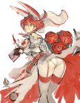  1girl animal_ears aqua_eyes ass covering covering_breasts elphelt_valentine flower garter_straps guilty_gear guilty_gear_xrd kureta_(nikogori) open_mouth panties rabbit_ears redhead rose short_hair skirt tears thigh-highs torn_clothes underwear 