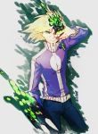  1boy blonde_hair calme_(pokemon) denim green_eyes grey_background highres jacket jeans looking_at_viewer male_focus one_eye_covered pants pokemon pokemon_(creature) pokemon_(game) pokemon_xy purple_jacket raw_gummy simple_background solo standing transformation twitter_username zipper zygarde 