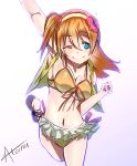  1girl arm_up armpits artist_name atonia blue_eyes blush breasts brown_hair cleavage front-tie_top kousaka_honoka love_live! love_live!_school_idol_project medium_breasts natsuiro_egao_de_1_2_jump! navel one_eye_closed side_ponytail solo swimsuit white_background 