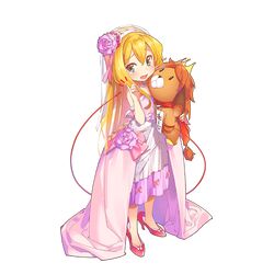  1girl aqua_eyes blonde_hair carrying character_request dress full_body high_heels long_hair official_art open_mouth oversized_clothes pop_kyun stuffed_animal stuffed_toy tears thread transparent_background uchi_no_hime-sama_ga_ichiban_kawaii 