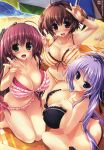  3girls :d ahoge arm_at_side ass bangs bare_arms bare_legs bare_shoulders barefoot beach beach_towel beach_umbrella bikini black_bikini black_ribbon blue_eyes blush bow bow_bikini breast_suppress breasts brown_eyes brown_hair butt_crack cleavage closed_mouth collarbone day eyebrows_visible_through_hair fingernails flower frilled_bikini frills green_eyes groin hair_between_eyes hair_flower hair_ornament hair_ribbon hand_up hands_on_breasts hands_on_own_chest highres hoshizaki_ouka huge_ahoge large_breasts long_hair looking_at_viewer multiple_girls navel open_mouth oshiki_hitoshi outdoors pink_bikini purple_hair red_bow redhead ribbon sakigake_generation! sand scan seashell seiza shell shikishima_natsume short_hair short_hair_with_long_locks sitting smile stomach striped swimsuit towel twintails two_side_up umbrella v vertical-striped_bikini vertical_stripes water yellow_bikini yukinomiya_anon 