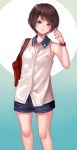  1girl bag bare_shoulders bob_cut bracelet brown_eyes brown_hair denim denim_shorts hair_twirling jewelry looking_at_viewer nishizawa original shirt short_hair shorts shoulder_bag solo standing white_shirt 