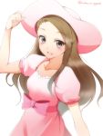  1girl brown_eyes collarbone dress hat idolmaster long_hair minase_iori ookami_maito open_mouth pink_dress pink_hat simple_background solo white_background 