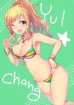  1girl ;d bikini blonde_hair blue_eyes bracelet breasts character_name cleavage dutch_angle groin hand_on_hip high_ponytail idolmaster idolmaster_cinderella_girls idolmaster_cinderella_girls_starlight_stage jewelry kara_(color) layered_bikini multicolored_stripes navel o-ring_top one_eye_closed ootsuki_yui open_mouth ponytail side-tie_bikini smile solo striped striped_bikini swimsuit 