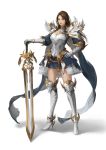  1girl absurdres armor blue_cape blue_skirt boots brown_eyes brown_hair cape full_body gauntlets gold_trim grey_footwear hand_on_hip high_heel_boots high_heels highres knee_boots knight lizchiefffff looking_at_viewer original skirt solo standing sword weapon white_background 