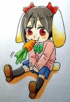  1girl animal_ears arablue black_legwear bow brown_shoes bunny_tail carrot eating hair_bow love_live! love_live!_school_idol_project rabbit_ears red_eyes shoes sitting socks solo tail traditional_media twintails yazawa_nico 