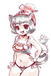  1girl :d animal_ears bell cat_ears cat_lingerie cat_tail female_protagonist_(pokemon_sm) grey_hair hand_on_hip hat jingle_bell midriff navel open_mouth panties pokemon pokemon_(game) pokemon_sm red_hat smile solo standing tail underwear white_background zan_(4chan) 