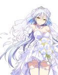  artist_request bouquet breasts bridal_veil bride character_request cleavage copyright_request dress elbow_gloves flower gloves holding long_hair looking_at_viewer outstretched_arm petals simple_background smile strapless strapless_dress veil wedding_dress white white_background white_hair yellow_eyes 