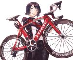  1girl bicycle brown_eyes ground_vehicle open_mouth original product_placement simple_background smile solo wheels white_background yomo_(majidon) 