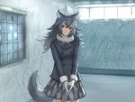  1girl animal_ears black_hair black_neckwear black_skirt blue_eyes closed_mouth eyebrows_visible_through_hair gloves grey_wolf_(kemono_friends) heterochromia highres indoors kemono_friends long_hair long_sleeves looking_at_viewer mame_(mame3737) multicolored_hair necktie orange_eyes skirt smile solo standing tail white_gloves white_hair wolf_ears wolf_tail 