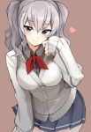  1girl adapted_costume blue_eyes blush breasts heart kantai_collection kashima_(kantai_collection) long_hair mobu pleated_skirt school_uniform silver_hair simple_background skirt solo tsurime twintails wavy_hair 