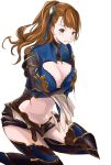  1girl armor armored_boots ayubee beatrix_(granblue_fantasy) blue_ribbon boots breasts brown_eyes brown_hair cleavage cleavage_cutout granblue_fantasy hair_ornament hair_ribbon highres kneeling long_hair looking_at_viewer navel ribbon simple_background solo white_background 