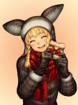  1girl :d ^_^ animal_hat blonde_hair blush braid brown_coat brown_gloves closed_eyes coat fur_trim gift gift_bag gloves gradient gradient_background happy hat head_tilt heart highres holding holding_gift hotateyuki long_hair nose_blush open_mouth original plaid plaid_scarf red_ribbon red_scarf ribbon scarf smile solo twin_braids upper_body valentine 