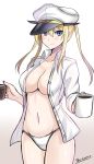  1girl artist_name blonde_hair blush breasts cleavage closed_mouth collarbone collared_shirt cup dress_shirt english eyebrows eyebrows_visible_through_hair gradient gradient_background graf_zeppelin_(kantai_collection) groin hair_between_eyes hat highres holding kantai_collection long_hair long_sleeves looking_at_viewer medium_breasts mug navel no_pants open_clothes open_shirt panties peaked_cap shirt sketch smile solo the-sinner tsurime underwear white_panties wing_collar 