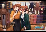  4girls ahoge artist_request bag beanie belt black_skirt braid brown_eyes brown_hair cellphone clothes copyright_name denim glasses_on_head green_jacket hand_on_another&#039;s_shoulder handbag hat highres holding_cellphone hyuuga_(zhan_jian_shao_nyu) indoors ise_(zhan_jian_shao_nyu) jacket jacket_on_shoulders jeans lens_flare long_skirt mannequin multiple_girls open_mouth orange_shirt pants phone ponytail self_shot shirt shop side_braid sign skirt smile striped striped_shirt teeth thumbs_up v watch watch zhan_jian_shao_nyu 