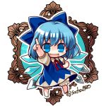  1girl barefoot bloomers blue_bow blue_dress blue_eyes blue_hair bow chibi cirno dress eyebrows eyebrows_visible_through_hair hair_between_eyes hair_bow hand_on_hip ice ice_wings index_finger_raised neck_ribbon open_mouth pointing pointing_up puffy_short_sleeves puffy_sleeves red_ribbon ribbon short_hair short_sleeves simple_background smile socha solo touhou twitter_username underwear white_background wings 