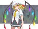  1girl alternate_costume ascot black_skirt blonde_hair cowboy_shot crystal flandre_scarlet grey_background hair_between_eyes hair_ribbon hat holding holding_weapon laevatein looking_at_viewer mob_cap pleated_skirt pointy_ears puffy_short_sleeves puffy_sleeves red_eyes red_ribbon ribbon shirt short_sleeves skirt sleeve_cuffs smile solo standing touhou uumaru1869 weapon white_hat white_shirt wings 