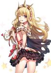  1girl ;d ass back bangs bare_arms bare_shoulders black_cape blonde_hair cagliostro_(granblue_fantasy) cape cowboy_shot crown dress eyebrows eyebrows_visible_through_hair eyelashes frills from_behind granblue_fantasy hairband heart holding lifted_by_self lipstick lipstick_tube long_hair looking_at_viewer looking_back makeup microdress no_panties off_shoulder one_eye_closed open_mouth plaid red_lipstick ririko_(zhuoyandesailaer) skirt skirt_lift smile solo sparkle star violet_eyes white_background 