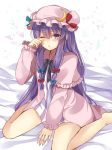  1girl bare_legs barefoot bed bow hair_bow hair_ribbon hat long_hair looking_at_viewer mob_cap nagisa3710 one_eye_closed patchouli_knowledge purple_hair ribbon sitting sketch solo touhou very_long_hair violet_eyes waking_up 