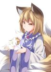  1girl alternate_hair_length alternate_hairstyle animal_ears blonde_hair closed_mouth focused fox_ears fox_girl fox_tail from_side kyuubi long_hair long_sleeves looking_at_another multiple_tails no_hat no_headwear serious shikigami solo sweat tabard tail tamahana touhou upper_body white_background wide_sleeves yakumo_ran yellow_eyes 
