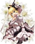  &gt;:d 1girl :d ahoge arm_up armor armored_dress bare_shoulders black_bow blonde_hair blush bow dress fate/grand_order fate_(series) floral_background flower gauntlets green_eyes hair_bow holding holding_sword holding_weapon leg_up lily_(flower) looking_at_viewer npcpepper open_mouth ponytail saber saber_lily smile solo sword weapon white_background 