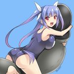  1girl :d artist_name ass barefoot blue_background blush breasts english eyebrows eyebrows_visible_through_hair fang from_side gradient_hair hair_ribbon highres i-19_(kantai_collection) inflatable_toy kantai_collection large_breasts long_hair multicolored_hair object_hug one-piece_swimsuit open_mouth purple_hair red_eyes ribbon simple_background smile solo swimsuit the-sinner twintails two-tone_hair very_long_hair white_ribbon 