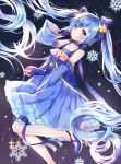  1girl blue_eyes blue_hair detached_sleeves dress hatsune_miku ju_topia long_hair snowflakes solo twintails very_long_hair vocaloid yuki_miku 