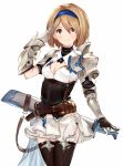  &gt;:) 1girl bad_hands bangs black_gloves black_legwear blonde_hair blush breasts brown_eyes cleavage cleavage_cutout closed_mouth djeeta_(granblue_fantasy) gauntlets gloves granblue_fantasy granblue_fantasy_project_re:link hair_between_eyes hair_intakes hairband looking_at_viewer miniskirt nemun pauldrons pleated_skirt sheath sheathed short_hair simple_background skirt smile solo sword thigh-highs weapon white_background white_skirt zettai_ryouiki 