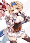  1girl 218 blonde_hair breasts brown_eyes brown_legwear character_request cleavage cowboy_shot djeeta_(granblue_fantasy) gauntlets granblue_fantasy grey_background hair_intakes hairband looking_at_another medium_breasts miniskirt open_mouth pauldrons pelvic_curtain pleated_skirt sheath sheathed short_hair simple_background skirt smile solo spikes sword thigh-highs vee_(granblue_fantasy) weapon white_background zettai_ryouiki 