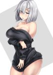  1girl alternate_costume bare_shoulders black_dress blue_eyes blush breast_hold breasts cleavage collarbone cowboy_shot dress eyes_visible_through_hair hair_ornament hair_over_one_eye hairclip hamakaze_(kantai_collection) highres kantai_collection kinntarou large_breasts looking_at_viewer off-shoulder_dress off_shoulder parted_lips short_dress short_hair silver_hair solo sweater sweater_dress 
