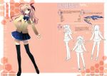  1girl absurdres blazer concept_art full_body highres jacket lineart long_hair looking_at_viewer one_eye_closed pink_hair pleated_skirt ribbon shoes side_ponytail simple_background skirt smile suzuhira_hiro thigh-highs turnaround violet_eyes weapon zettai_ryouiki 