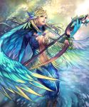  1girl blonde_hair blue_lips fantasy harp instrument midriff monster_girl multicolored_hair navel niji2468 original solo wings 
