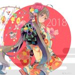  1girl 2018 ahoge circle colis flower from_behind grey_eyes grey_hair hair_between_eyes hair_flower hair_ornament japanese_clothes kantai_collection kimono kiyoshimo_(kantai_collection) long_hair ponytail print_kimono solo twitter_username very_long_hair 