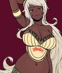  1girl akairiot arm_up armband bare_shoulders bottle_cap breasts bustier cleavage commentary curvy dark_skin eyelashes guinness_(beer) hair_ornament large_breasts long_hair navel original personification purple_background red_eyes signature silver_hair solo sweat very_long_hair 