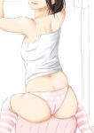  1girl armpits arms_up ass back ball black_hair breasts exercise_ball from_behind head_out_of_frame highres niwatazumi open_mouth original panties polka_dot polka_dot_panties short_hair sitting sketch small_breasts smile solo spaghetti_strap striped striped_legwear tank_top thigh-highs underwear white_background 