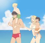 2boys 2girls abs beach bikini black_hair blonde_hair blue_sky clouds collarbone family father_and_daughter father_and_son highres husband_and_wife long_hair male_swimwear mother_and_daughter mother_and_son multiple_boys navel ocean original outdoors short_hair sky sneedham swim_trunks swimsuit swimwear toned water
