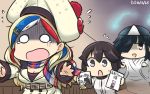  3girls animalization belt beret black_hair blonde_hair blue_eyes blue_hair brown_eyes chasing commandant_teste_(kantai_collection) commentary double-breasted ghost hair_over_one_eye hamu_koutarou hat hayashimo_(kantai_collection) hayasui_(kantai_collection) highres hitodama jacket japanese_clothes kantai_collection kimono kumano_(kantai_collection) long_hair manga_(object) multicolored_hair multiple_girls o_o plaid plaid_scarf pom_pom_(clothes) redhead running scarf short_hair streaked_hair suzuya_(kantai_collection) tama_(kantai_collection) tears translated triangular_headpiece white_hair white_jacket 