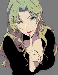  1girl black_shirt blonde_hair breasts closed_mouth collarbone earrings eyelashes finger_to_mouth fingernails green_eyes grey_background highres index_finger_raised jewelry long_fingernails long_hair long_sleeves looking_at_viewer medium_breasts meitantei_conan nail_polish nuku parted_lips red_nails shirt shushing simple_background smile solo upper_body vermouth_(meitantei_conan) 