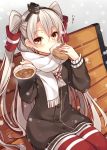  1girl adapted_costume amatsukaze_(kantai_collection) bangs baozi bench blush brown_eyes choker dress eating food giving hair_tubes holding holding_food kantai_collection long_sleeves looking_at_viewer nagisa3710 pantyhose park_bench sailor_dress scarf short_dress silver_hair sitting snowing solo striped striped_legwear sweater sweater_dress translated two_side_up white_scarf windsock 