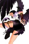  1girl ball black_feathers black_hair black_shoes black_skirt blue_eyes facial_mark forehead_mark from_behind halo highres jewelry official_art ortega_(soccer_spirits) real_(ss) ring shoes skirt soccer_ball soccer_spirits socks solo standing standing_on_one_leg thumb_ring white_legwear wings 