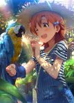  1girl ahoge animal bag bird bird_on_arm blue-and-yellow_macaw blush brown_hair commentary_request day forest hair_between_eyes hair_bobbles hair_ornament handbag hat highres idolmaster idolmaster_million_live! lens_flare light_rays macaw nature one_eye_closed open_mouth outdoors overalls parrot red10 shirt short_sleeves smile straw_hat striped striped_shirt sunbeam sunlight suspenders upper_body yabuki_kana yellow_eyes 