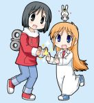  2girls ac_japan black_eyes black_hair blonde_hair blue_eyes labcoat long_hair lowres multiple_girls necktie nekoma_kotomitsu nichijou open_mouth orange_hair professor_shinonome rabbit school_uniform shinonome_nano short_hair skirt smile winding_key 