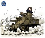  2girls anyan_(jooho) bangs blue_jacket brown_hair butterfly caterpillar_tracks emblem from_behind girls_und_panzer ground_vehicle hand_on_own_head jacket looking_afar looking_at_another m3_lee maruyama_saki medium_tank military military_uniform military_vehicle motor_vehicle multiple_girls on_vehicle ooarai_(emblem) parted_bangs sawa_azusa short_hair sweatdrop tank uniform vehicle wavy_mouth |_| 