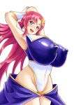  1girl armpits arms_up blue_eyes blush breasts covered_nipples gloves groin gundam gundam_seed gundam_seed_destiny hair_ornament highres huge_breasts long_hair meer_campbell pink_hair simple_background solo thighs white_background white_gloves yachan 