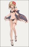  1girl :d bare_shoulders bikini black_bikini black_border black_bow blonde_hair blush border bow braid breasts brown_eyes chabo_(pixiv14957670) cleavage collarbone djeeta_(granblue_fantasy) flower french_braid frilled_bikini frills front-tie_top full_body granblue_fantasy groin hair_flower hair_ornament halterneck hibiscus navel open_mouth sandals see-through short_hair small_breasts smile solo standing swimsuit thigh_strap wristband 