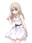  1girl aho_girl bare_shoulders blonde_hair brown_eyes dress highres hiroyuki long_hair looking_at_viewer simple_background sleeveless sleeveless_dress smile solo white_background 