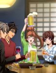  2boys 2girls absurdres active_raid alcohol arm_up beer brown_eyes brown_hair closed_eyes cup drinking_glass eyebrows eyebrows_visible_through_hair food glasses grey_hair high_ponytail highres holding indoors jewelry kazari_asami kuroki_takeru long_hair multiple_boys multiple_girls necklace open_mouth short_hair sitting smile souichirou_sena violet_eyes wine wine_glass yamabuki_rin 